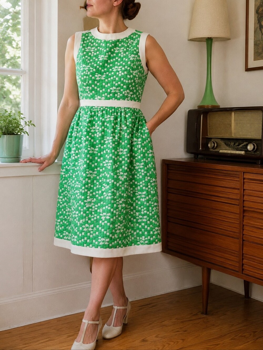 Vintage Green and White Sleeveless Midi Dress